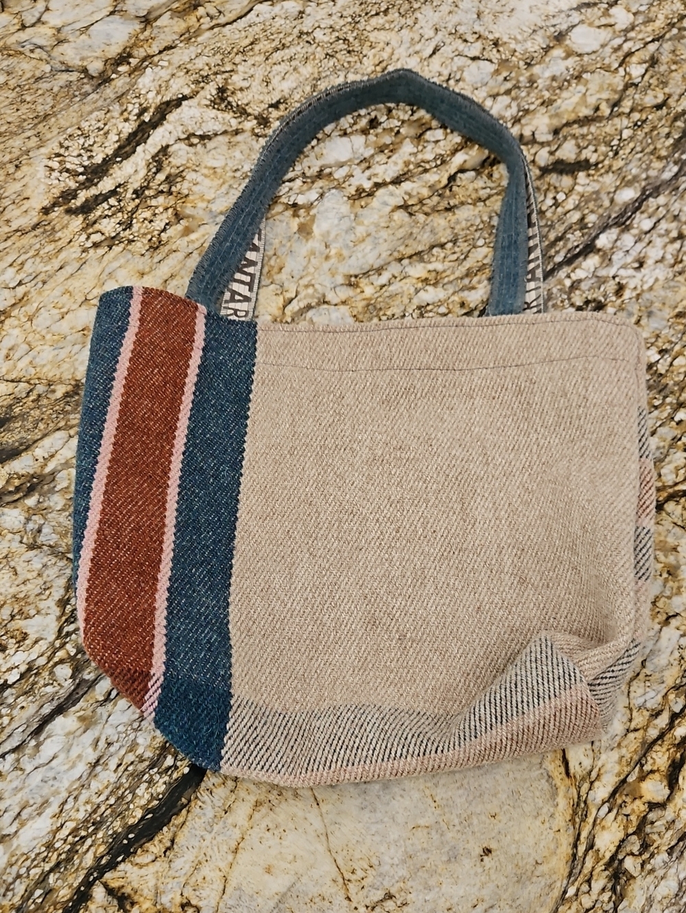 ANTA Pure Wool Woven Tote Bag with Blue and Rust Stripe. Made In Scotland